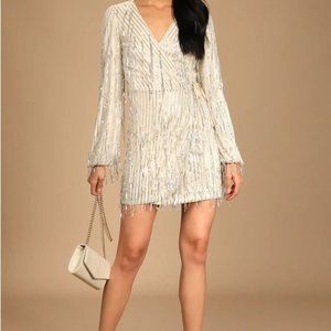 Lulu's Puttin' on the Glitz Silver Sequin Fringe Long Sleeve Wrap Dress